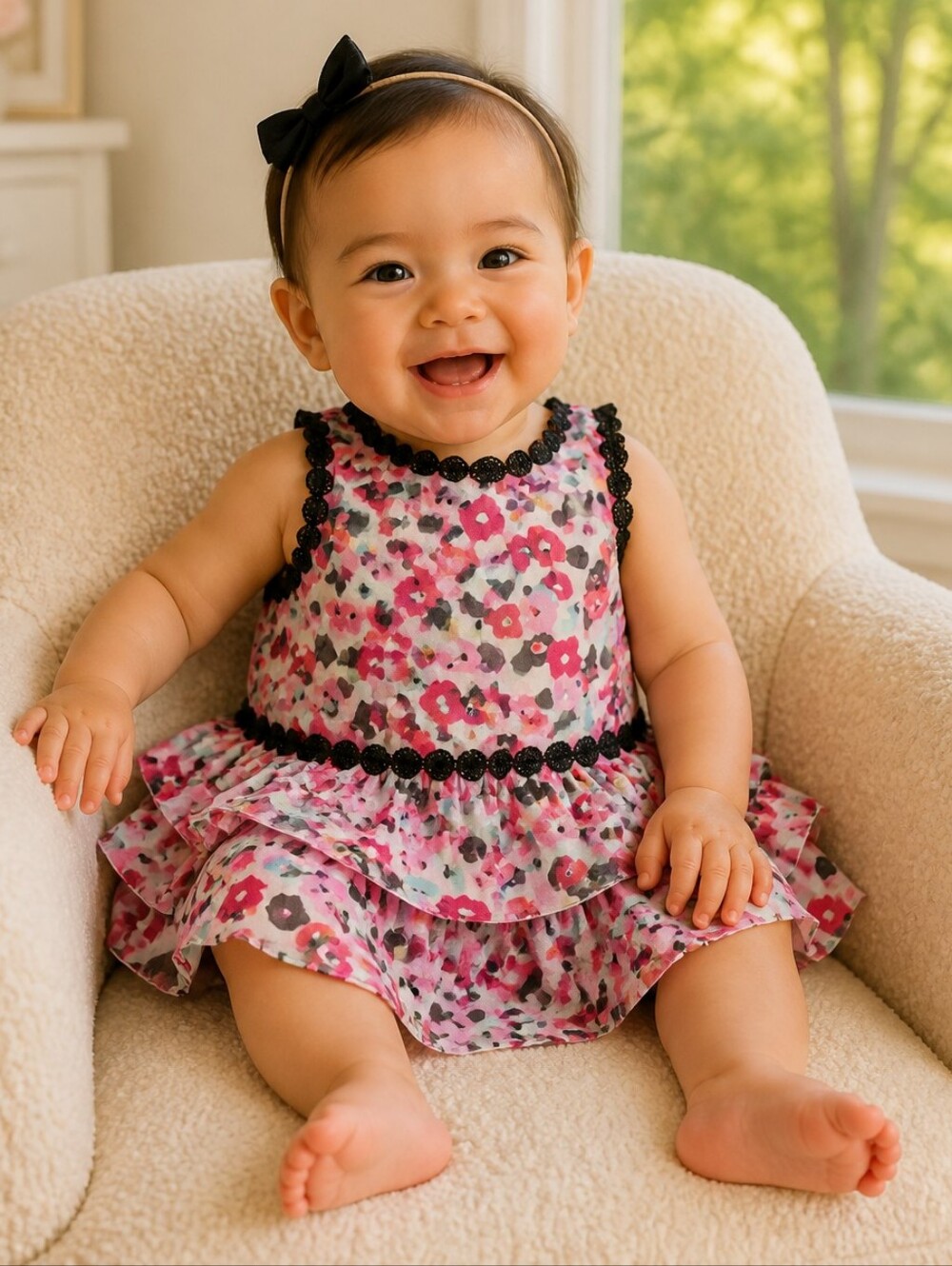 Kate Spade Blooming Floral Dress 12M Pink Chiffon Lace Ruffle Preppy Baby Girl